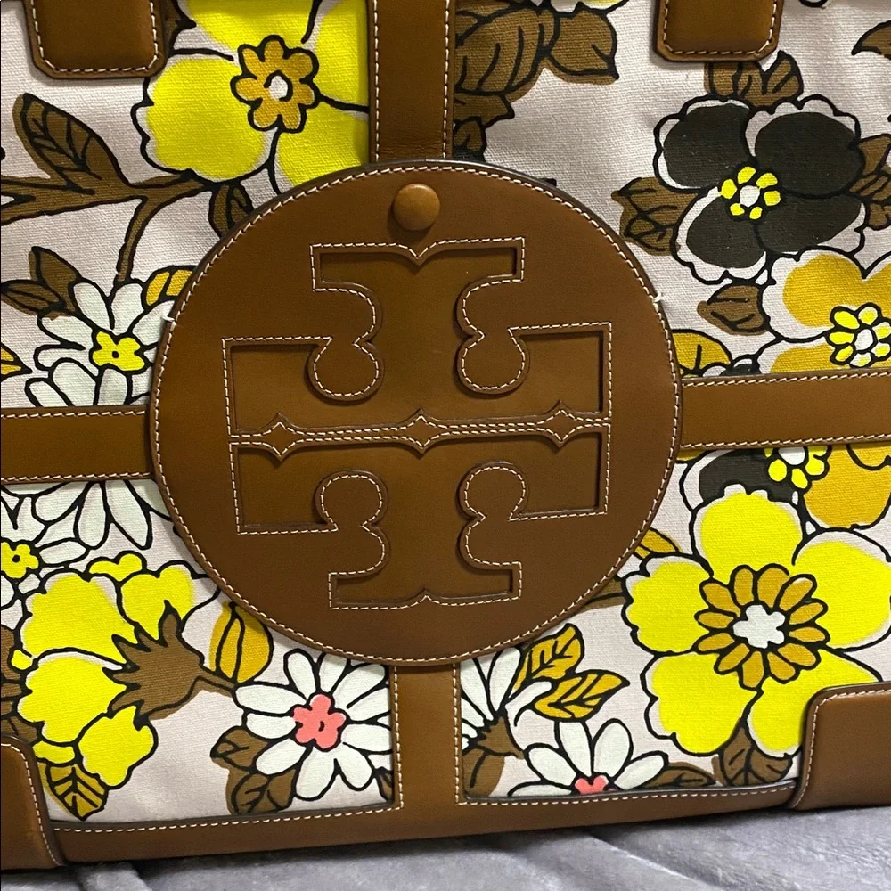 Tory Burch Brown Leather Trim Floral Tote with Yellow, White & Black Accents